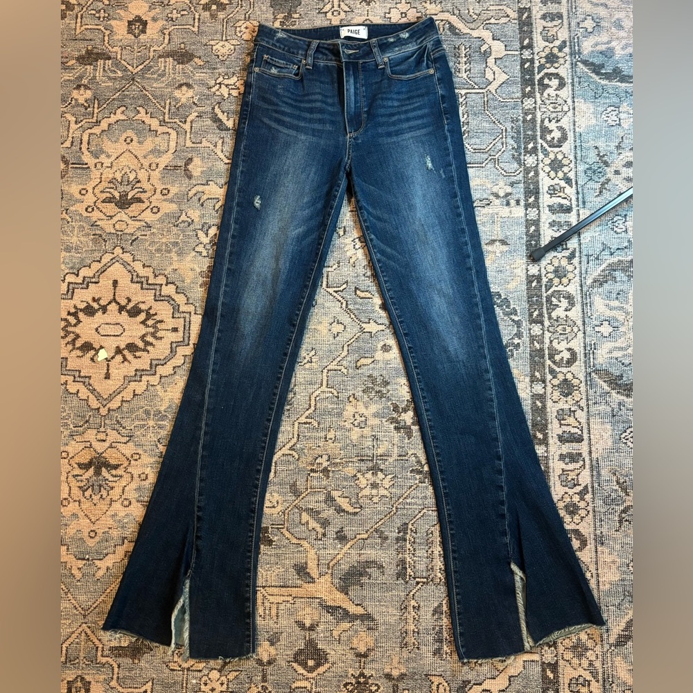 PAIGE Dark Blue Flare Jeans with Subtle Distress